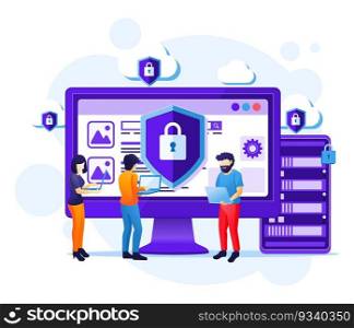 Cyber security concept, people work on screen protecting data and confidentiality vector illustration