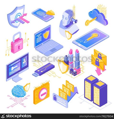 Cyber security data protection isometric symbols set with padlock shields smartphone screen key locked cloud vector illustration