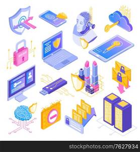 Cyber security data protection isometric symbols set with padlock shields smartphone screen key locked cloud vector illustration