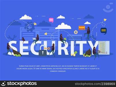 Cyber security flat composition with various hacker attacks on computer equipment on blue background vector illustration. Cyber Security Flat Composition