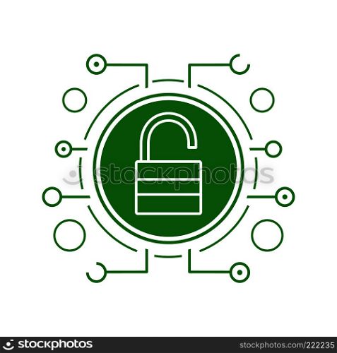 Cyber security flat linear long shadow icon. Access granted. Open padlock in microchip pathways. Vector line symbol. Cyber security flat linear long shadow icon