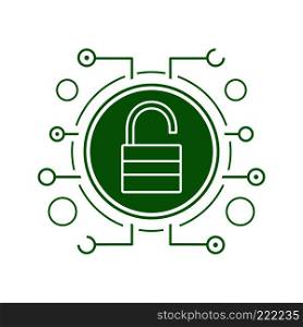 Cyber security flat linear long shadow icon. Access granted. Open padlock in microchip pathways. Vector line symbol. Cyber security flat linear long shadow icon