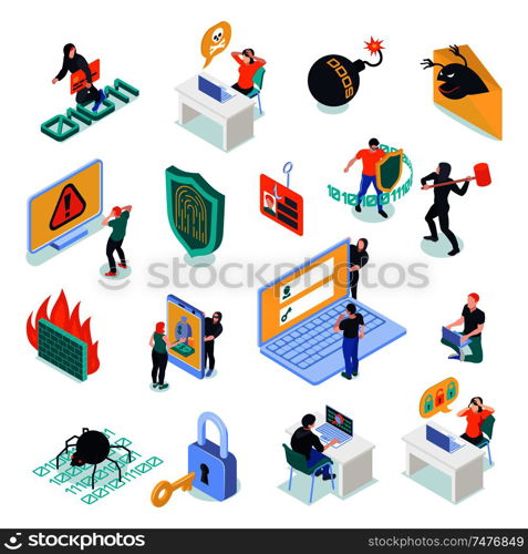 Cyber security isometric set of malicious software and hacker activity isolated icons vector illustration