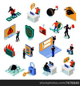 Cyber security isometric set of malicious software and hacker activity isolated icons vector illustration
