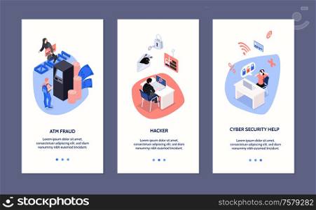 Cyber security isometric vertical banners set with atm fraud and hacker attack icons 3d isolated vector illustration