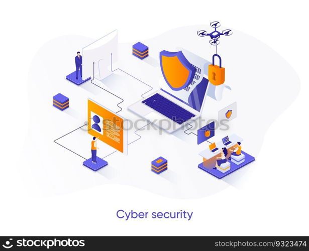 Cyber security isometric web banner. Network and data protection isometry concept. Firewall software 3d scene, Internet privacy and identification design. Vector illustration with people characters.