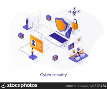 Cyber security isometric web banner. Network and data protection isometry concept. Firewall software 3d scene, Internet privacy and identification design. Vector illustration with people characters.