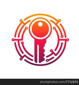 Cyber security key vector icon of network data secure technology. Digital access key in pink round frame of circuit board pattern isolated emblem or symbol of privacy, information and internet safety. Cyber security key icon of network data secure