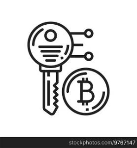 Cyber security or private key isolated monochrome icon. Vector key with bitcoin coin sign, cryptocurrency protection concept. Security and safety sign, investment and wise financial strategy. Cryptocurrency safety sign isolated key, bitcoin