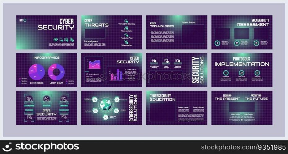 Cyber security presentation templates set. Cybersecurity training. Risk management. Ready made PPT slides on purple background. Graphic design. Roboto Light, Bebas Neue, Audiowide fonts used. Cyber security presentation templates set