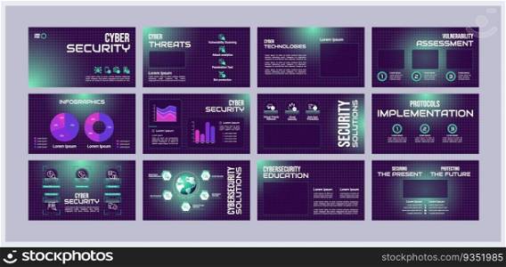 Cyber security presentation templates set. Cybersecurity training. Risk management. Ready made PPT slides on purple background. Graphic design. Roboto Light, Bebas Neue, Audiowide fonts used. Cyber security presentation templates set