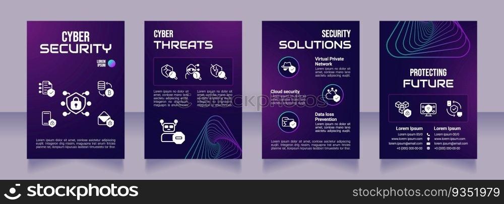 Cyber security purple premade brochure template. Cybersecurity threats. Information safety booklet design with icons, copy space. Editable 4 layouts. Bebas Neue, Audiowide, Roboto Light fonts used. Cyber security purple premade brochure template