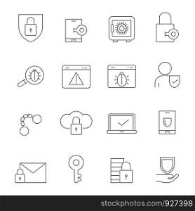 Cyber security symbols. Vector linear pictures. Illustration of cyber data, security technology line. Cyber security symbols. Vector linear pictures set