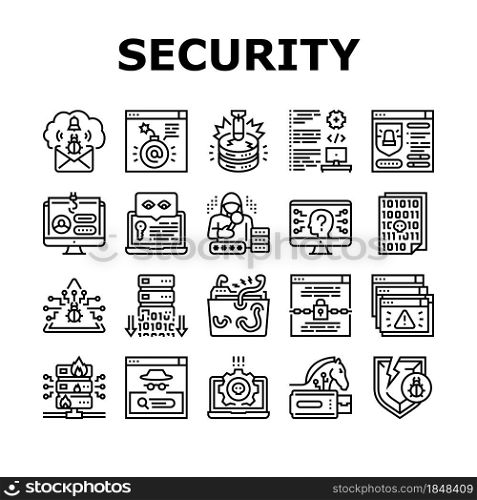 Cyber Security System Technology Icons Set Vector. Cyber Security Software And Application, Padlock And Password For Data Base And Information Protection From Virus Black Contour Illustrations. Cyber Security System Technology Icons Set Vector