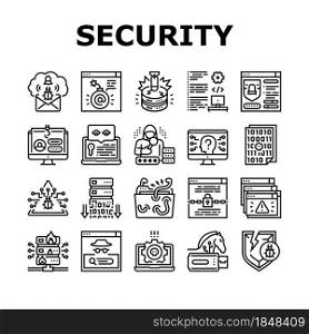 Cyber Security System Technology Icons Set Vector. Cyber Security Software And Application, Padlock And Password For Data Base And Information Protection From Virus Black Contour Illustrations. Cyber Security System Technology Icons Set Vector