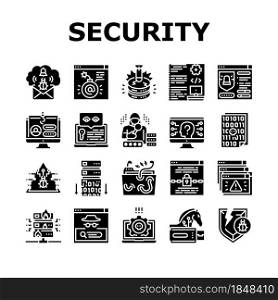 Cyber Security System Technology Icons Set Vector. Cyber Security Software And Application, Padlock And Password For Data Base And Information Protection From Virus Glyph Pictogram Black Illustrations. Cyber Security System Technology Icons Set Vector