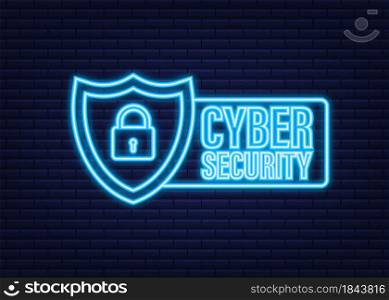 Cyber security vector logo with shield and check mark. Security shield concept. Internet security. Neon icon. Vector illustration. Cyber security vector logo with shield and check mark. Security shield concept. Internet security. Neon icon. Vector illustration.