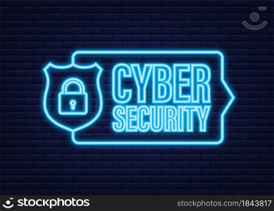 Cyber security vector logo with shield and check mark. Security shield concept. Internet security. Neon icon. Vector illustration. Cyber security vector logo with shield and check mark. Security shield concept. Internet security. Neon icon. Vector illustration.