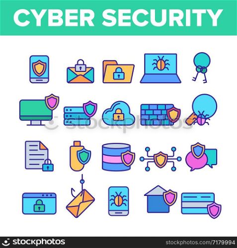 Cyber Security Vector Thin Line Icons Set. Cyber Security, Information Protection Linear Pictograms. Cyberspace Safety, Cyber Crimes, Computer Defense Software, Limited Access Contour Illustrations. Cyber Security Vector Thin Line Icons Set