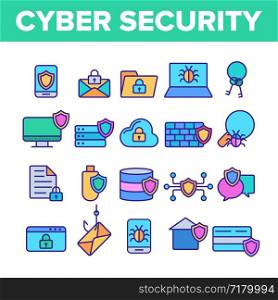 Cyber Security Vector Thin Line Icons Set. Cyber Security, Information Protection Linear Pictograms. Cyberspace Safety, Cyber Crimes, Computer Defense Software, Limited Access Contour Illustrations. Cyber Security Vector Thin Line Icons Set