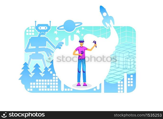 Cyber space 2D vector web banner, poster. Man with headset and controllers. Virtual reality flat characters on cartoon background. Simulator for entertainment. Mixed reality experience colorful scene. Cyber space 2D vector web banner, poster