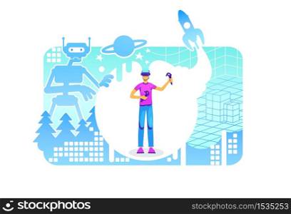 Cyber space 2D vector web banner, poster. Man with headset and controllers. Virtual reality flat characters on cartoon background. Simulator for entertainment. Mixed reality experience colorful scene. Cyber space 2D vector web banner, poster