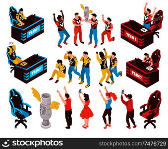 Cyber sport competition isometric characters elements accessories set with players teams champions cup winners trophy vector illustration