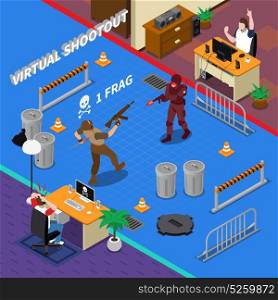 Cyber Sport Isometric Illustration. Cyber sport isometric composition including players near home computer and scene of virtual shooting 3d vector illustration