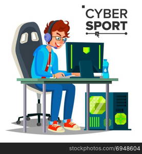 Cyber Sport Player Vector. Participant Of Cyber Sport Tournament. Event. Esport Event Poster Concept. Isolated Flat Cartoon Character Illustration. Cyber Sport Player Vector. Professional Gaming Stream Banner. Strategy Video Game. Competition. Cyber Games Tournament. Cartoon Character Illustration