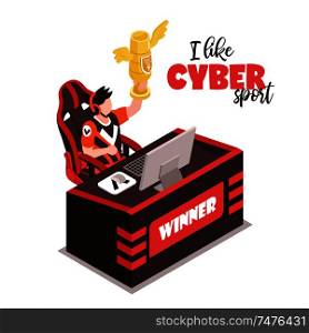 Cyber sport winner isometric composition with player behind computer holding gold trophy isolated white background vector illustration