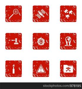 Cyber surveillance icons set. Grunge set of 9 cyber surveillance vector icons for web isolated on white background. Cyber surveillance icons set, grunge style