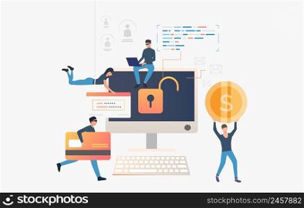 Cyber thieves robbing computer bank data. Cartoon hackers carrying credit card, password and money. Hacker attack concept. Vector illustration can be used for cybercrime, breach, hacker identity