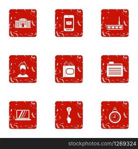 cyber work icons set. Grunge set of 9 cyber work vector icons for web isolated on white background. Cyber work icons set, grunge style