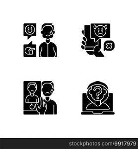 Cyberbullying and discrimination black glyph icons set on white space. Weight-based bullying. Bodyshaming overweight person. Social media harassment. Silhouette symbols. Vector isolated illustration. Cyberbullying and discrimination black glyph icons set on white space