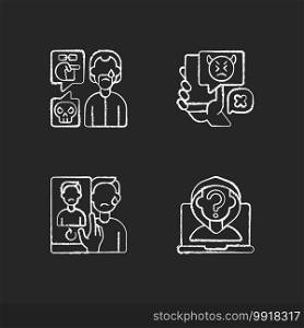 Cyberbullying and discrimination chalk white icons set on black background. Racial bullying. Bodyshaming overweight person. Social media harassment. Isolated vector chalkboard illustrations. Cyberbullying and discrimination chalk white icons set on black background