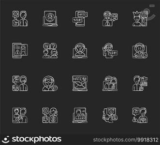 Cyberbullying chalk white icons set on black background. Online harassment. Social media hate comments. Offensive e-mail. Prank phone call. Isolated vector chalkboard illustrations. Cyberbullying chalk white icons set on black background