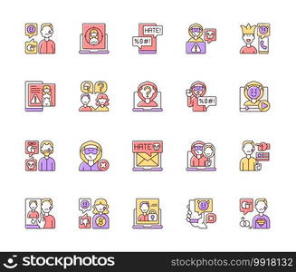 Cyberbullying RGB color icons set. Online harassment. Social media hate comments. Offensive e-mail. Prank phone call. Political, LGBT, financial discrimination. Isolated vector illustrations. Cyberbullying RGB color icons set