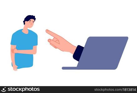 Cyberbullying. Sad man and hand from laptop. Internet harassment, online aggression or guilt complex vector illustration. Bullying online problem, social harassment in internet. Cyberbullying. Sad man and hand from laptop. Internet harassment, online aggression or guilt complex vector illustration