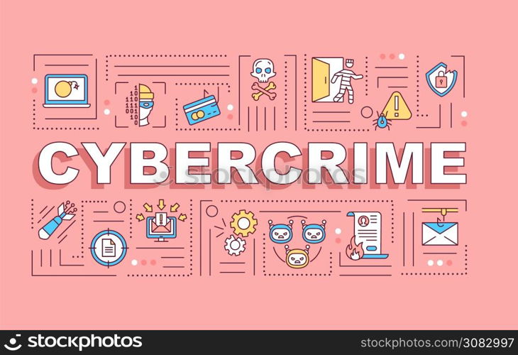 Cybercrime word concepts banner. Internet security. Infographics with linear icons on pink background. Computer oriented crime isolated typography. Vector outline RGB color illustration. Cybercrime word concepts banner