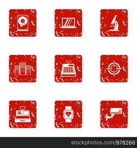 Cybernization technical icons set. Grunge set of 9 cybernization technical vector icons for web isolated on white background. Cybernization technical icons set, grunge style