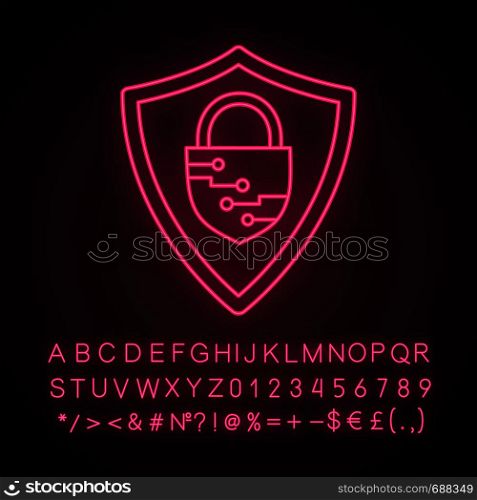 Cybersecurity neon light icon. Safeguard. Shield with closed padlock inside. Artificial intelligence. Glowing sign with alphabet, numbers and symbols. Vector isolated illustration. Cybersecurity neon light icon