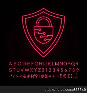 Cybersecurity neon light icon. Safeguard. Shield with closed padlock inside. Artificial intelligence. Glowing sign with alphabet, numbers and symbols. Vector isolated illustration. Cybersecurity neon light icon