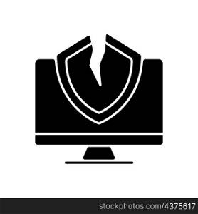 Cybersecurity vulnerability black glyph icon. System weakness and flaw. Cybercriminal gains access. Errors exploitation. Silhouette symbol on white space. Vector isolated illustration. Cybersecurity vulnerability black glyph icon
