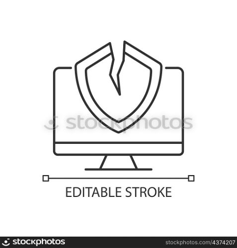Cybersecurity vulnerability linear icon. System weakness and flaw. Thin line customizable illustration. Contour symbol. Vector isolated outline drawing. Editable stroke. Arial font used. Cybersecurity vulnerability linear icon