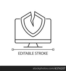 Cybersecurity vulnerability linear icon. System weakness and flaw. Thin line customizable illustration. Contour symbol. Vector isolated outline drawing. Editable stroke. Arial font used. Cybersecurity vulnerability linear icon