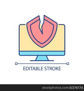Cybersecurity vulnerability RGB color icon. System weakness and flaw. Cybercriminal gains access. Isolated vector illustration. Simple filled line drawing. Editable stroke. Arial font used. Cybersecurity vulnerability RGB color icon