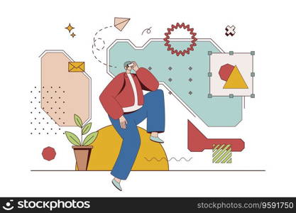 Cyberspace concept with character situation in flat design. Man in VR headset interacting with virtual augmented reality or gaming in cyber simulation. Vector illustration with people scene for web