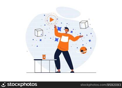 Cyberspace web concept with character scene. Man in VR glasses interacting with 3d objects in virtual reality. People situation in flat design. Vector illustration for social media marketing material.