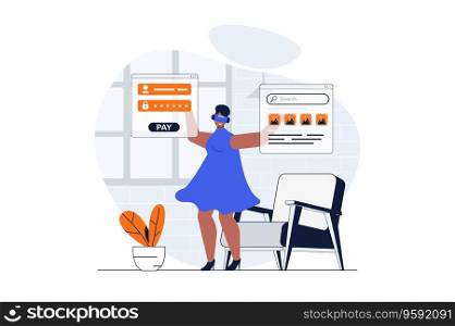 Cyberspace web concept with character scene. Woman in VR works and interacts with screens in virtual reality. People situation in flat design. Vector illustration for social media marketing material.