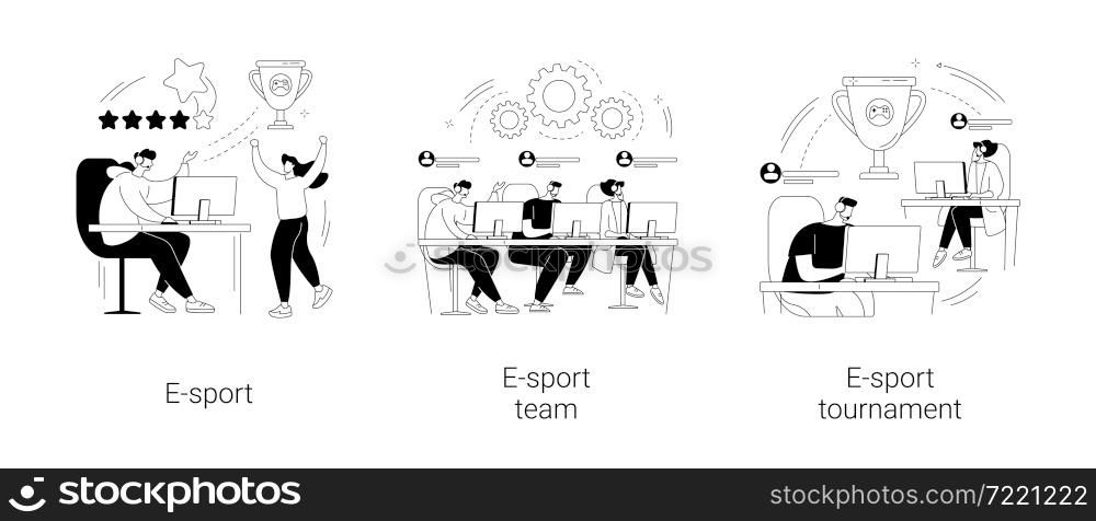 Cybersport abstract concept vector illustration set. E-sport team and tournament, multiplayer video game, esports championship, gaming arena, online sport, player fan support abstract metaphor.. Cybersport abstract concept vector illustrations.